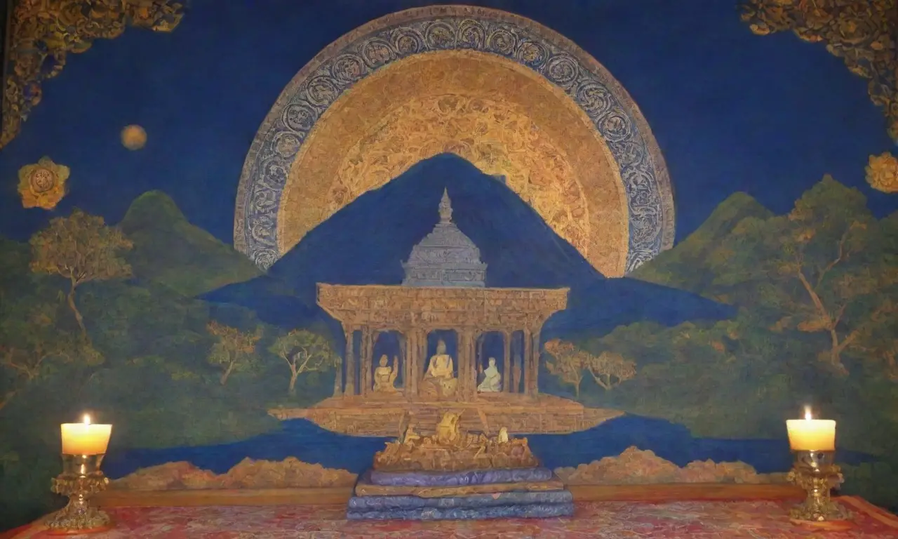 Un vibrante paisaje de tradición y modernidad, con colores, símbolos y elementos que reflejan fe y transformación