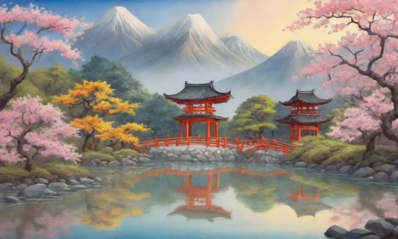 Un paisaje sereno con montañas, cerezos, un río, un santuario Shinto y elementos culturales vibrantes