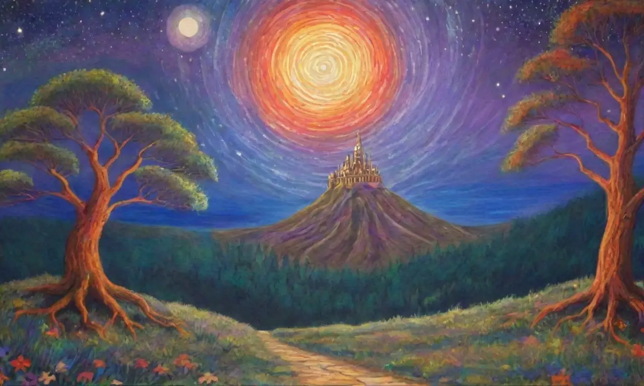 Un paisaje mágico y misterioso lleno de estrellas, criaturas míticas y caminos iluminados