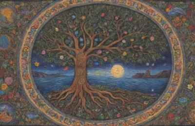 Un tapiz de símbolos antiguos y colores vibrantes que representa la búsqueda de significado de la humanidad