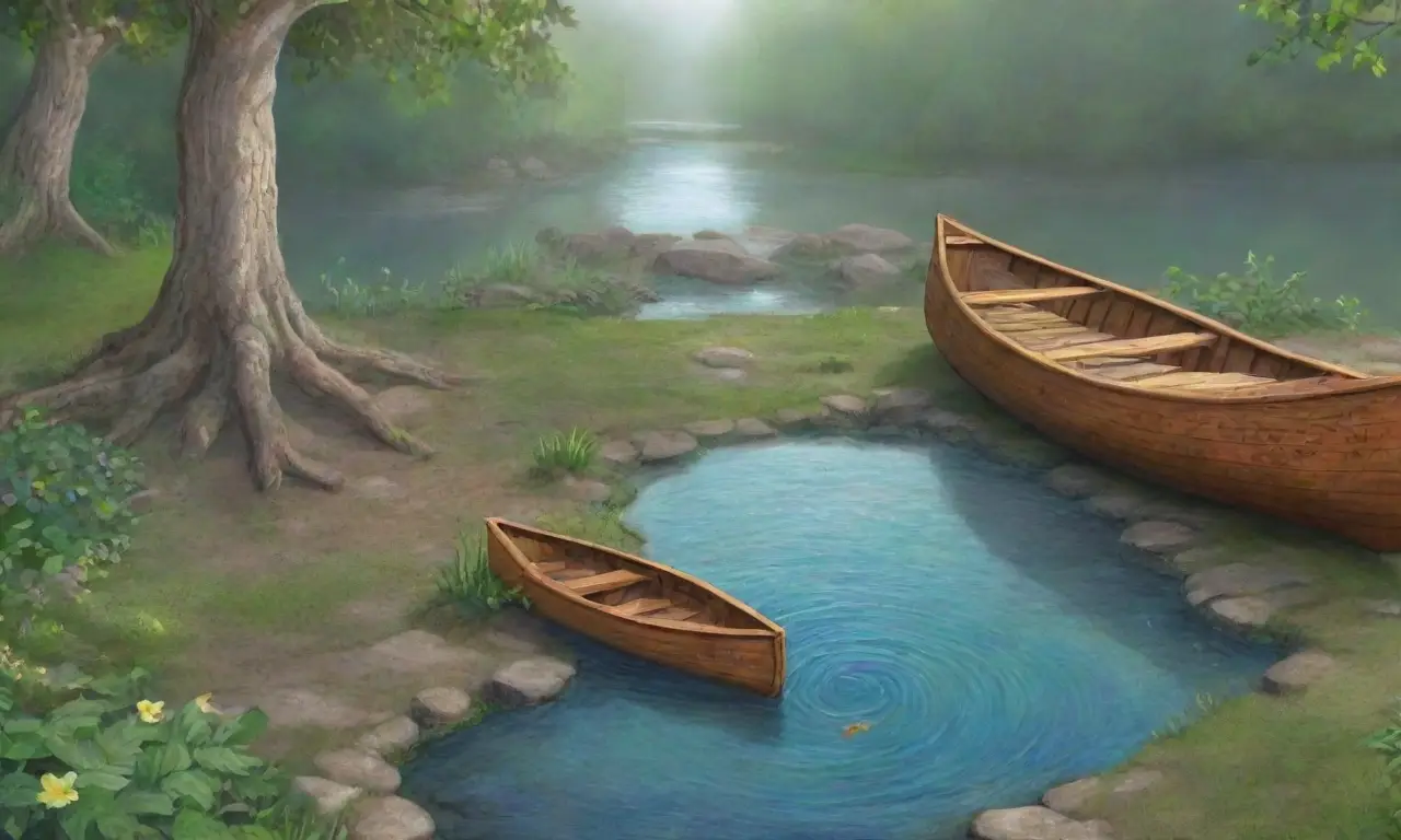 Un río sereno fluye entre flores silvestres y piedras antiguas, con un canoa de madera y un paisaje vibrante