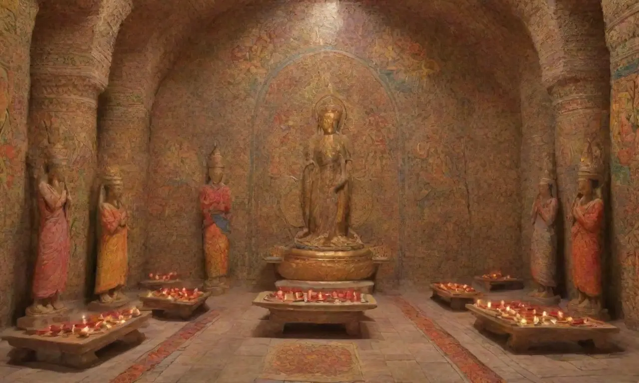 Templos antiguos con intrincadas tallas, luces cálidas, rituales y ofrendas crean un ambiente de devoción y asombro
