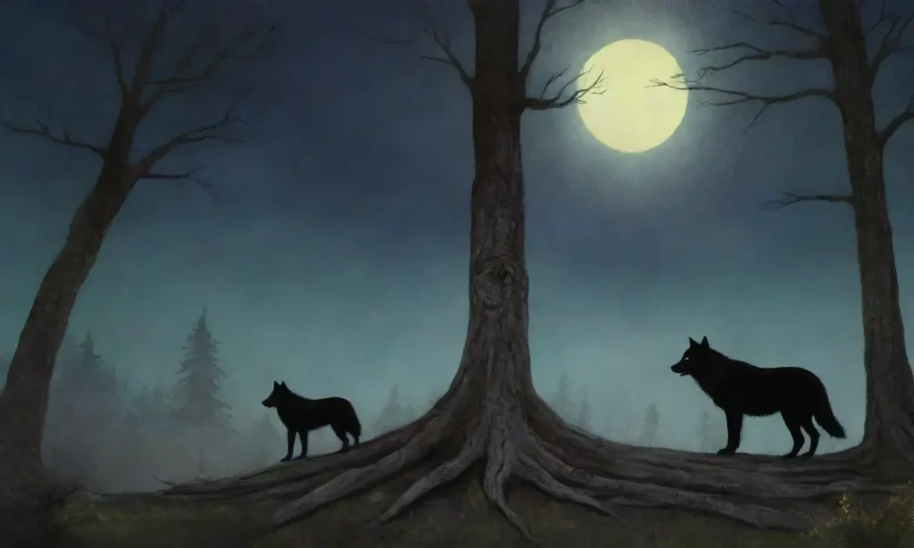 Un bosque oscuro con un lobo solitario y runas nórdicas