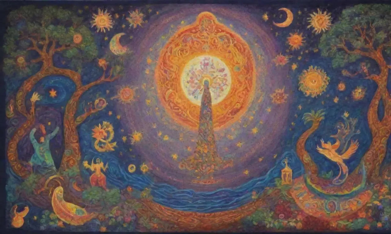 Un lienzo mágico entrelaza colores, símbolos y figuras míticas en un universo de sueños y destinos