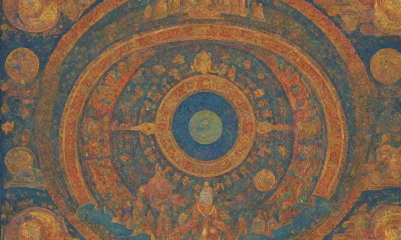 Dioses orientales antiguos representados en colores vibrantes y detalles intrincados