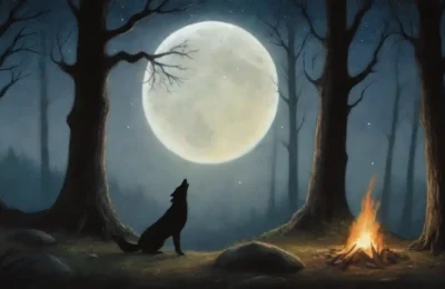 Un bosque oscuro y mágico con un lobo solitario