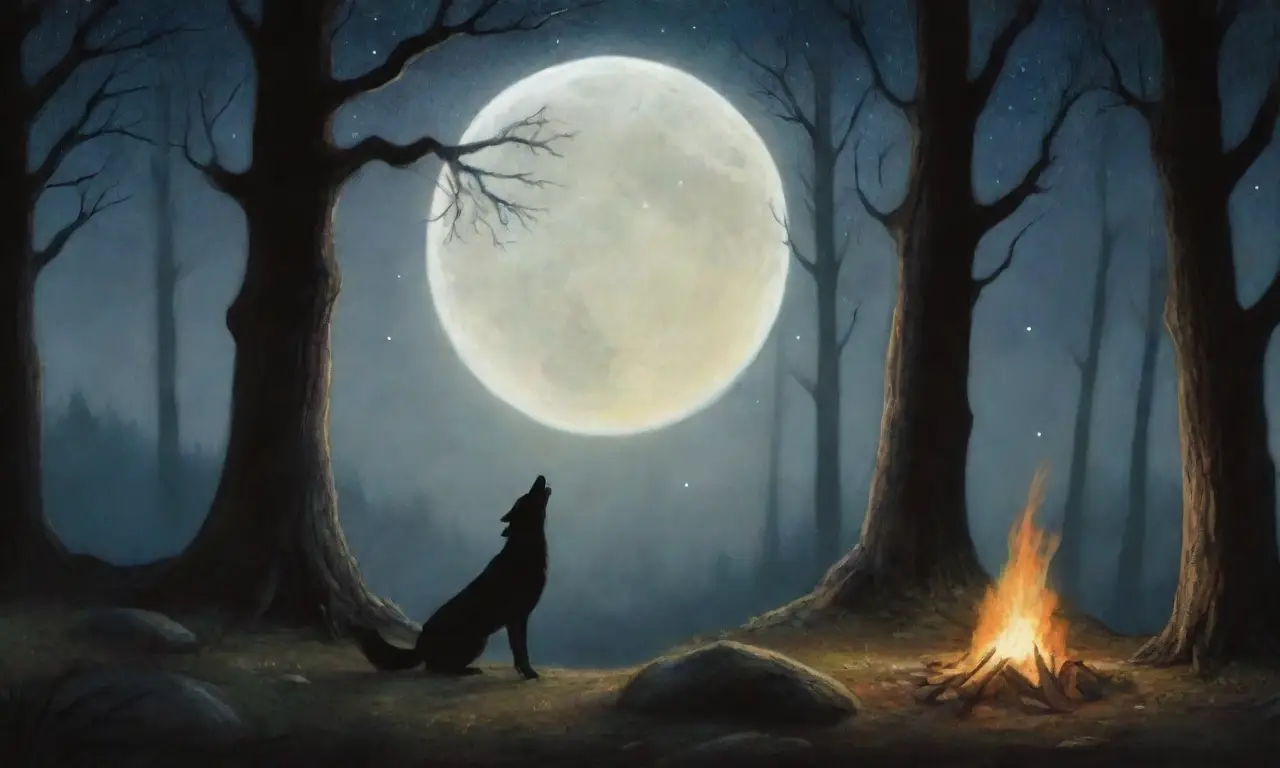 Un bosque oscuro y mágico con un lobo solitario