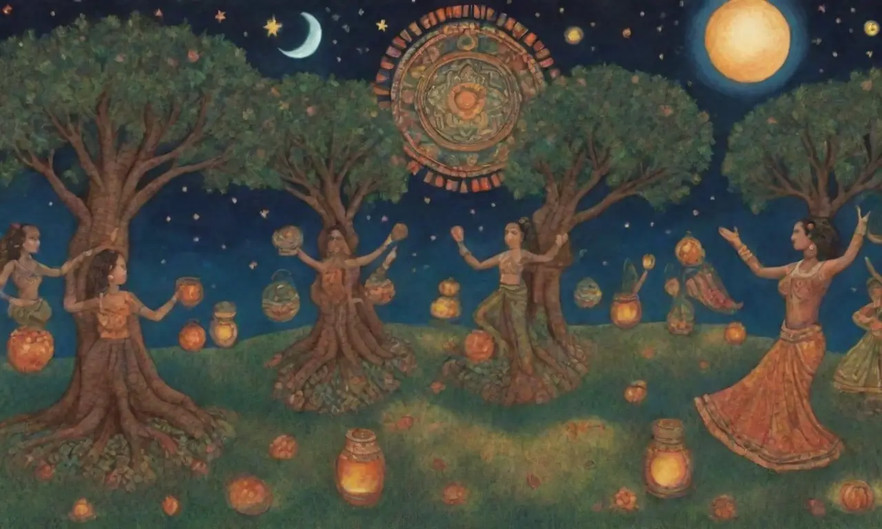 Tonos tierra vibrantes, mujeres abrazando la tierra, paisajes exuberantes, tradiciones ancestrales y unidad en la diversidad