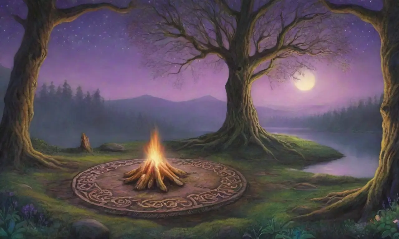 Un bosque verde y antiguo con un lago estrellado, deidades celtas, runas brillantes y un fuego crepitante en un ambiente místico
