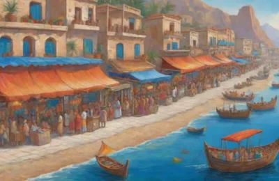 Un bullicioso mercado fenicio junto al mar Mediterráneo