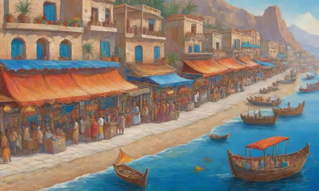 Un bullicioso mercado fenicio junto al mar Mediterráneo