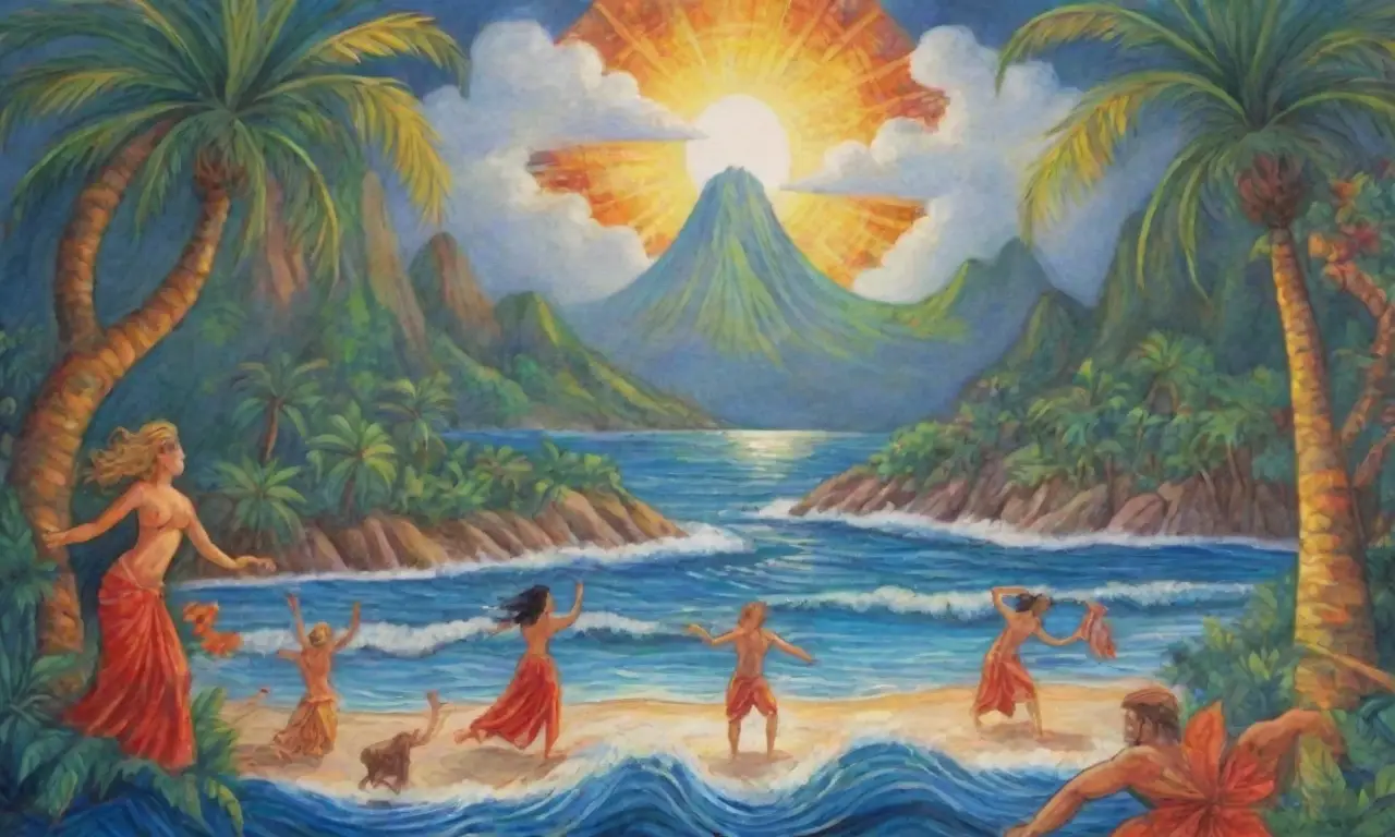 Una vibrante escena de mitología y cultura se entrelaza con colores, texturas y paisajes tropicales