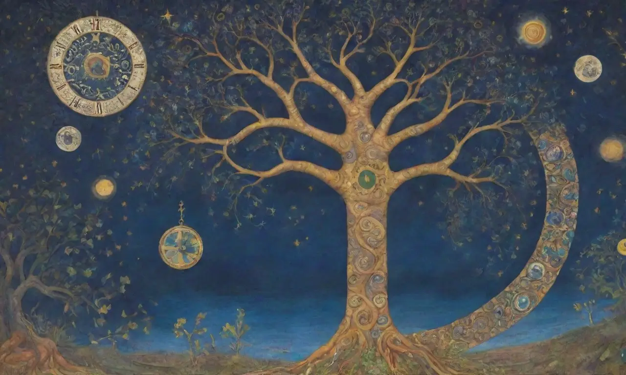 Un mural vibrante con colores profundos, símbolos antiguos, criaturas míticas y un horizonte donde la ciencia se encuentra con la leyenda