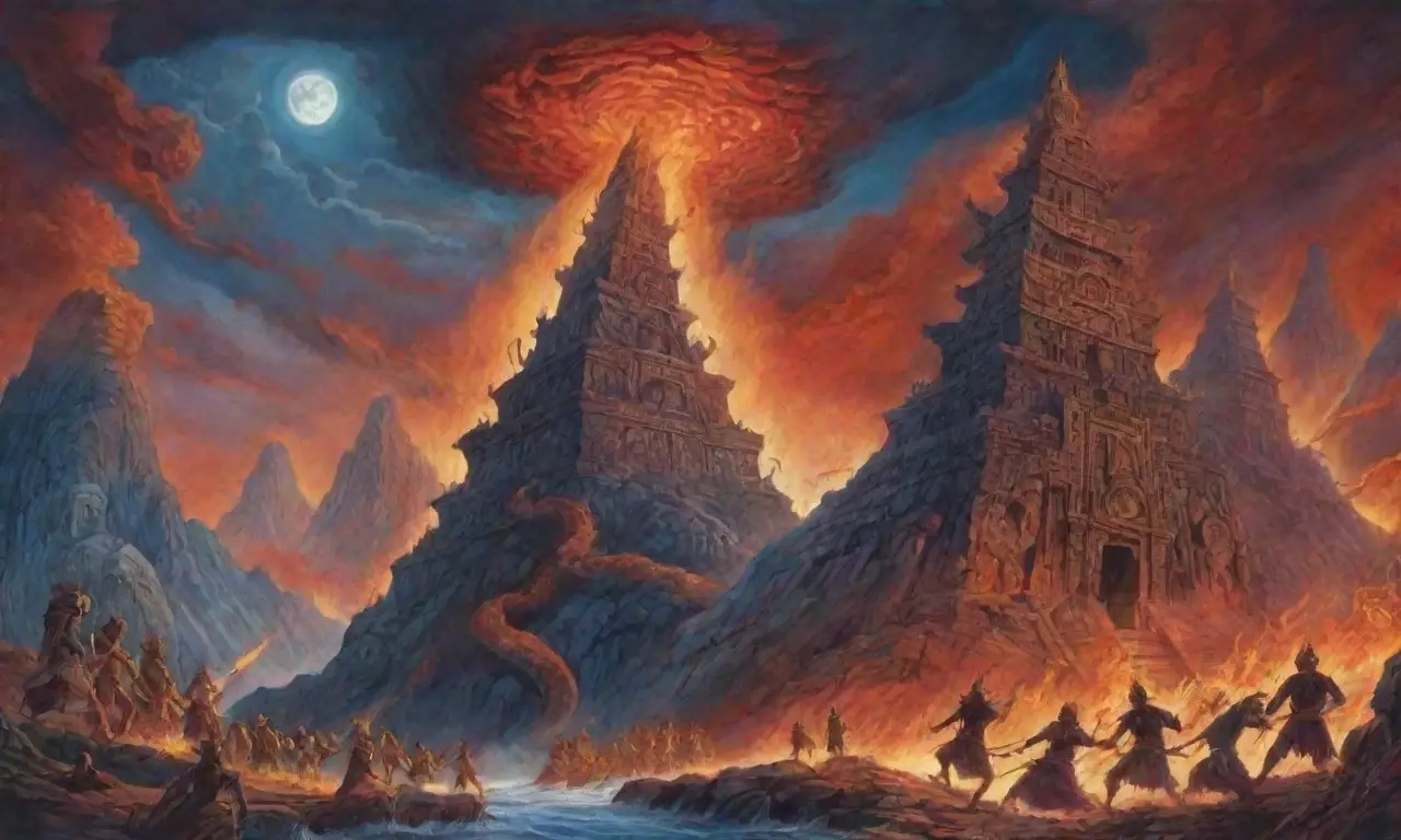 Un paisaje épico de mitología y batalla con dioses, criaturas y antiguos símbolos