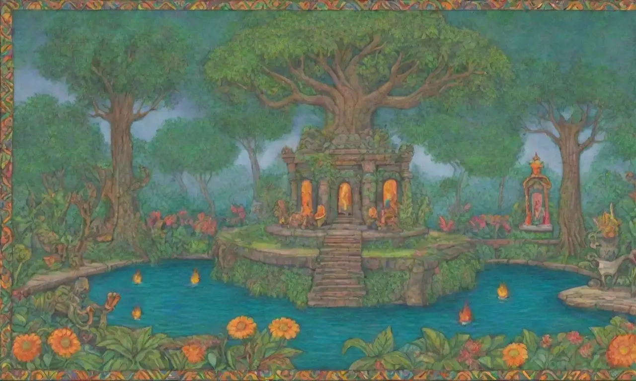 Un vibrante paisaje de selva con templos antiguos, máscaras coloridas, aguas turquesas y rituales sagrados