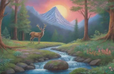 Un bosque denso y mágico donde la naturaleza y los dioses coexisten en armonía
