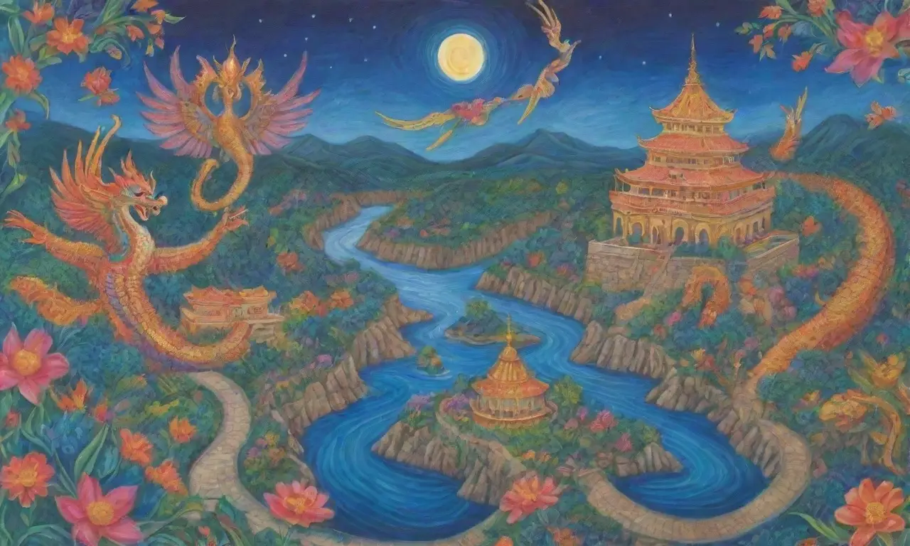 Un festín visual de mitología persa con criaturas míticas y paisajes vibrantes