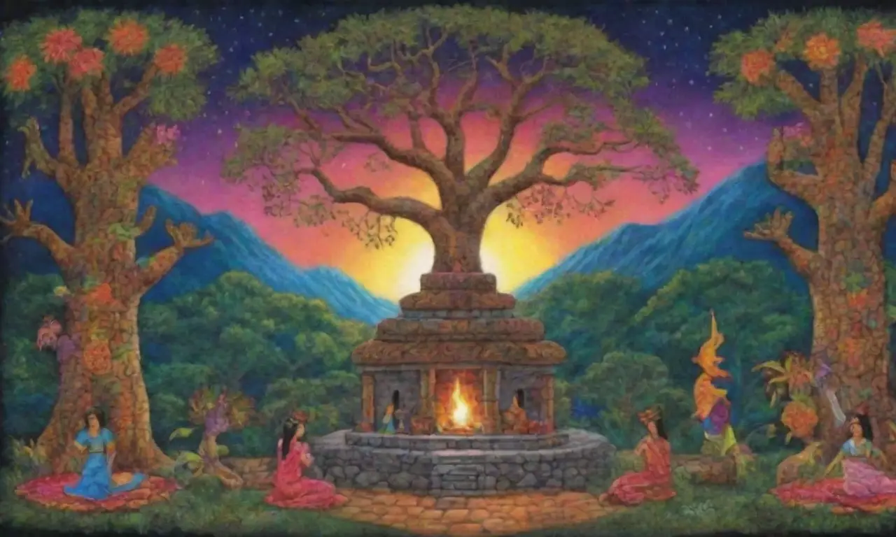 Un paisaje sagrado lleno de colores vibrantes, símbolos antiguos y rituales ancestrales