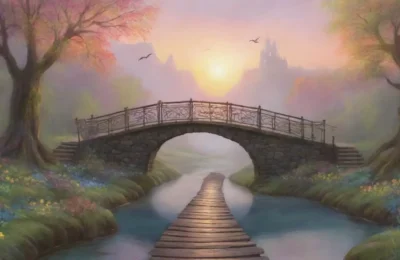 Un puente misterioso conecta dos mundos bajo un cielo mágico y encantador