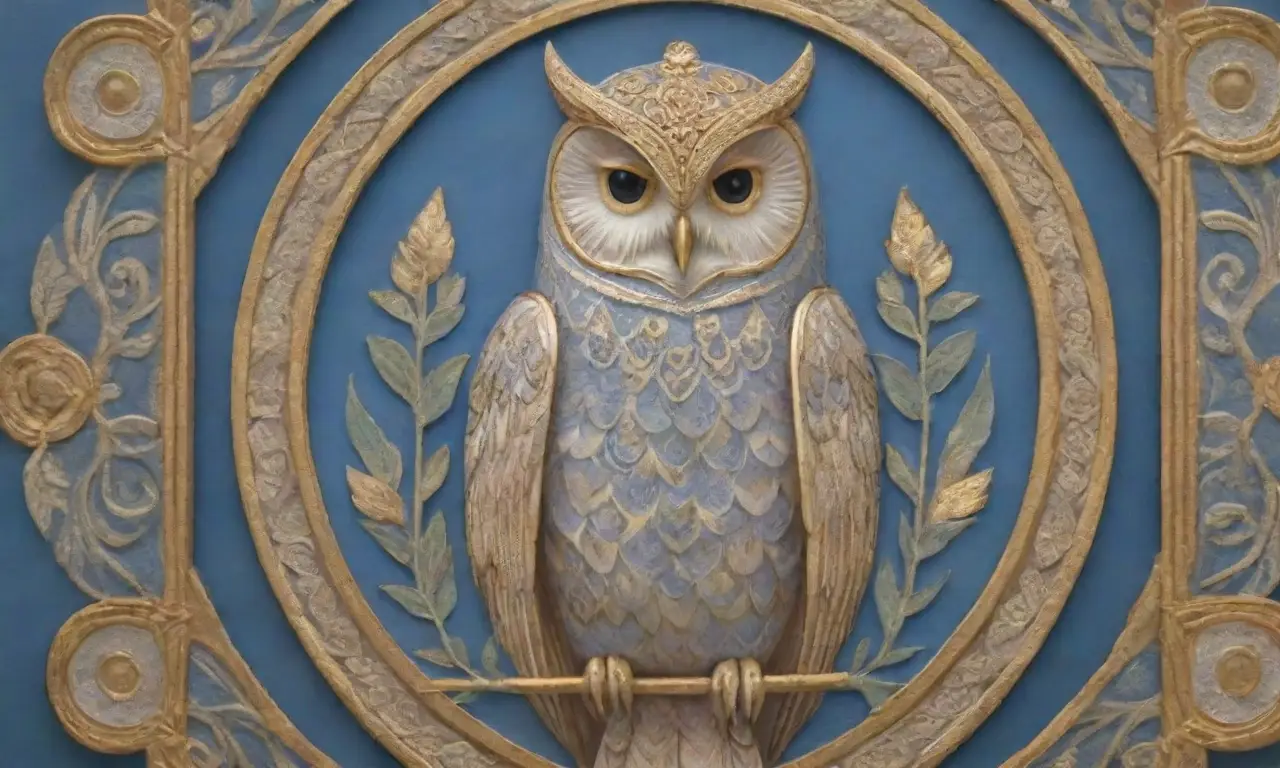 Una figura majestuosa con un fondo azul sereno, adornos dorados, un búho, un casco, un escudo, un pergamino, una corona de laurel, y un sol radiante