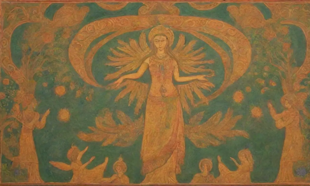 Un mural vibrante que celebra la cultura etrusca con colores terrosos, figuras radiantes y símbolos de fertilidad
