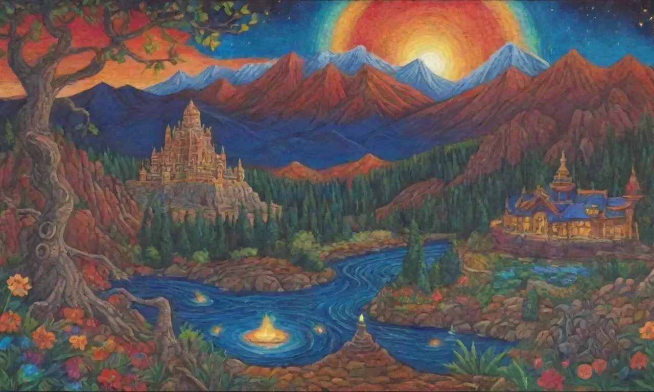Un paisaje vibrante y místico entrelaza vida, muerte y mitología
