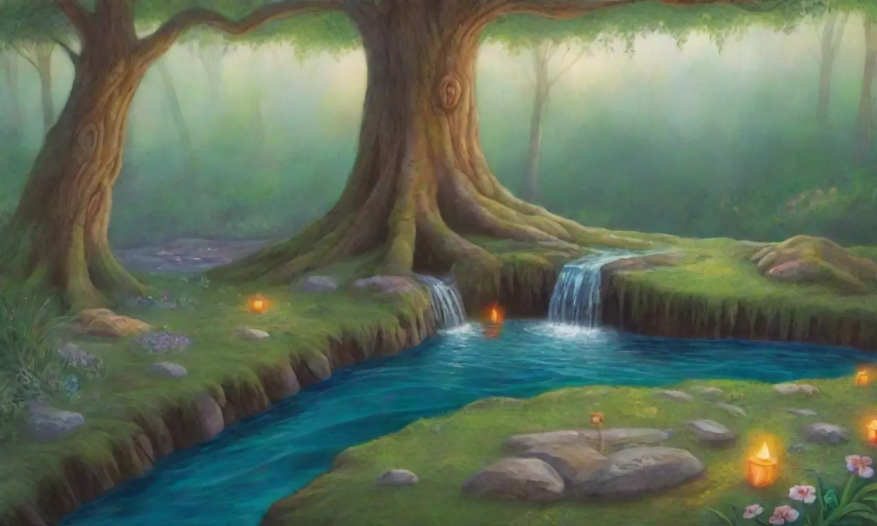 Un bosque mágico con árboles antiguos, ríos brillantes, flores vibrantes y un ambiente etéreo