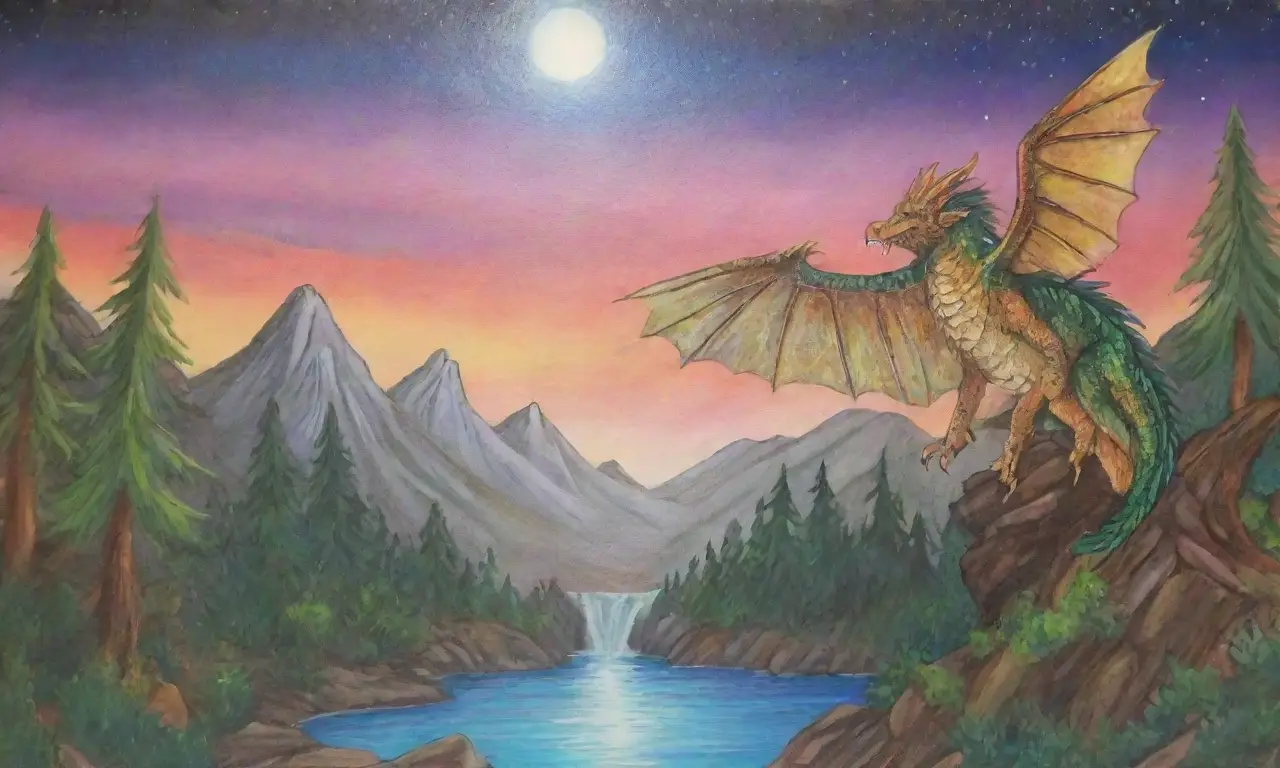 Dragones vibrantes y un grifo dorado habitan un bosque místico lleno de magia y criaturas míticas