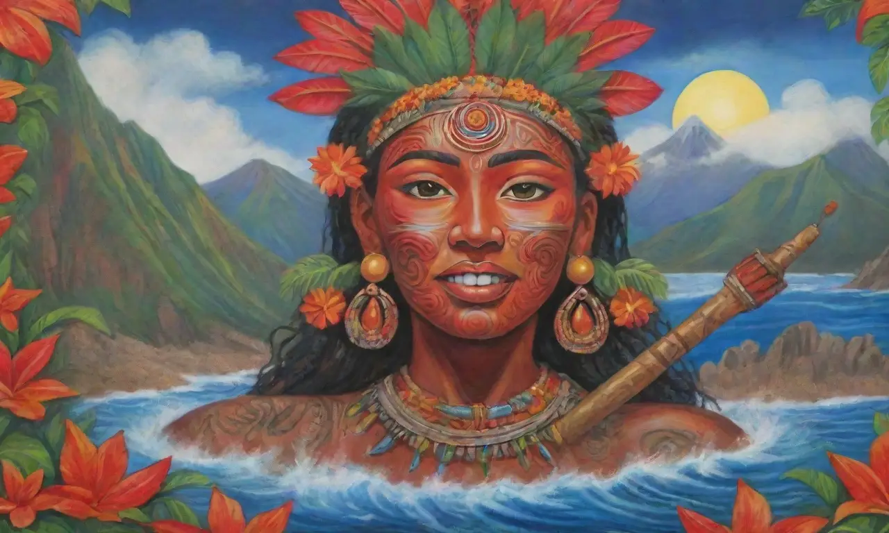 Un mural vibrante de mitología hawaiana con colores intensos