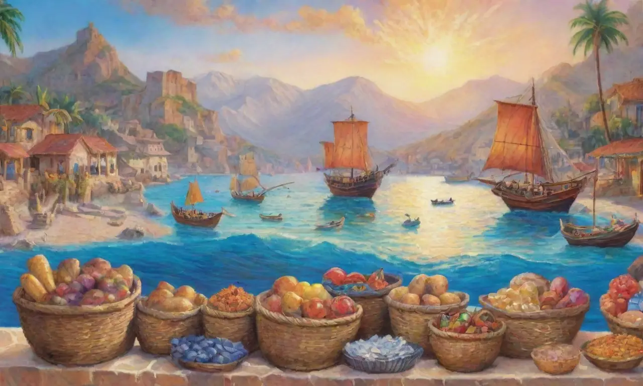 Un paisaje costero vibrante lleno de vida, comercio y belleza natural