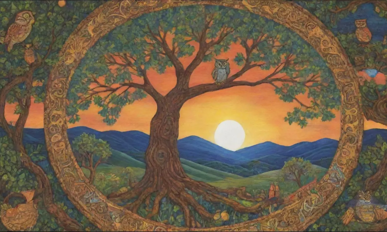 Un paisaje vibrante que entrelaza colores, mitología y dualidad en armonía