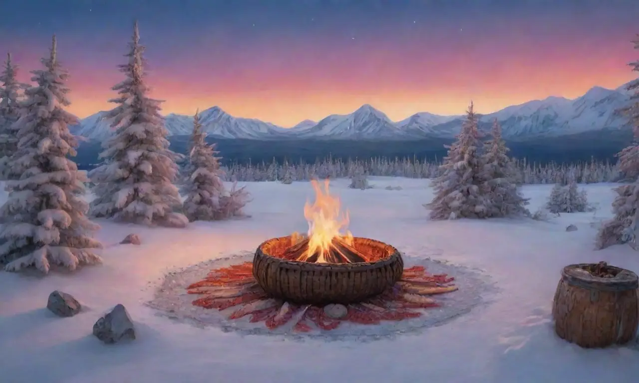 Un paisaje helado y sagrado, iluminado por la aurora boreal, con elementos tradicionales inuit y un ambiente de conexión ancestral