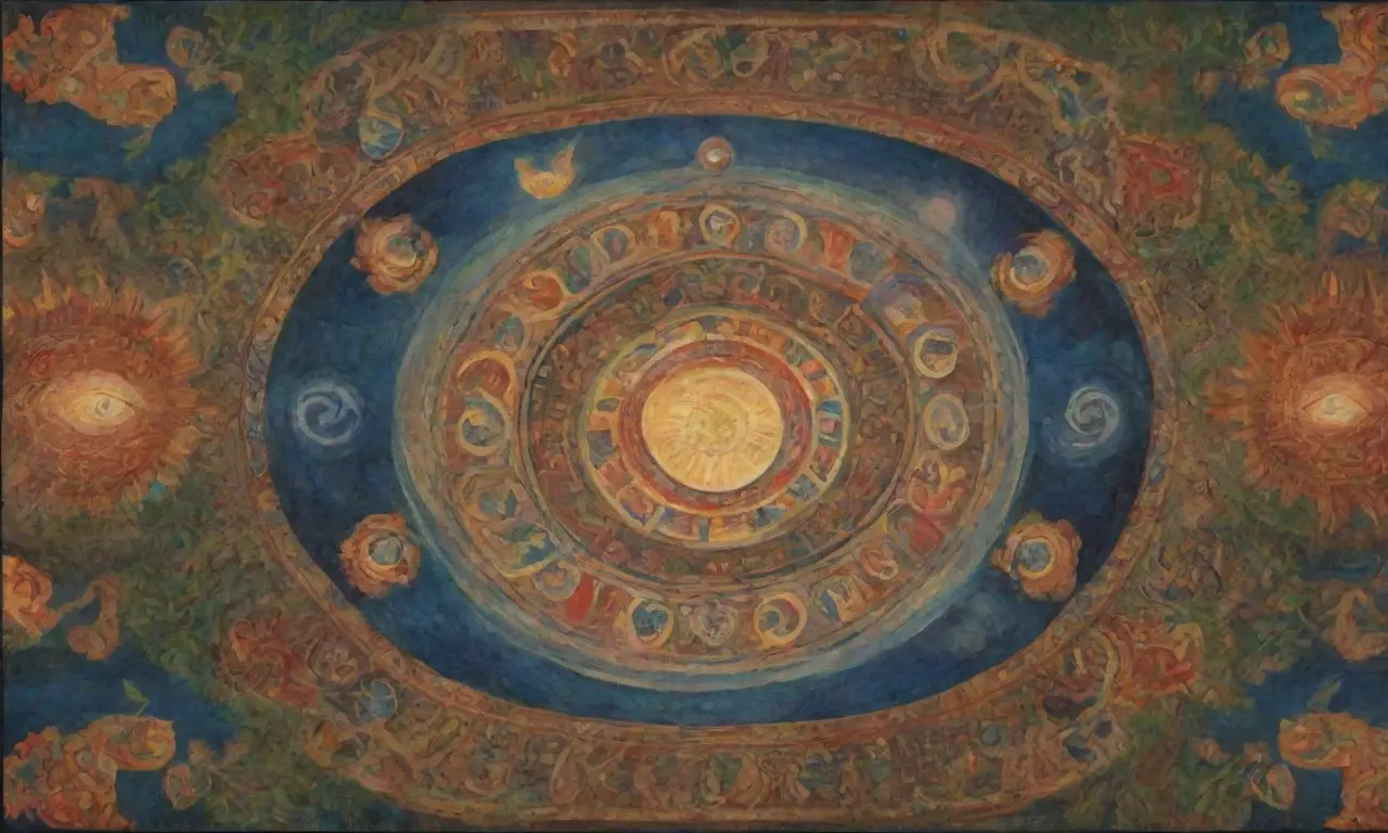 Un paisaje vibrante de mitología, colores profundos y símbolos antiguos que evocan sabiduría y atemporalidad