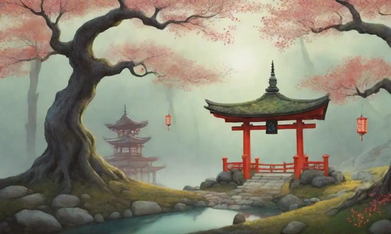 Un bosque brumoso con árboles antiguos, luces titilantes, espíritus etéreos y un torii rojo, envuelto en misterio