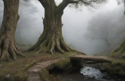 Un bosque brumoso con un troll misterioso y un aire de magia y peligro
