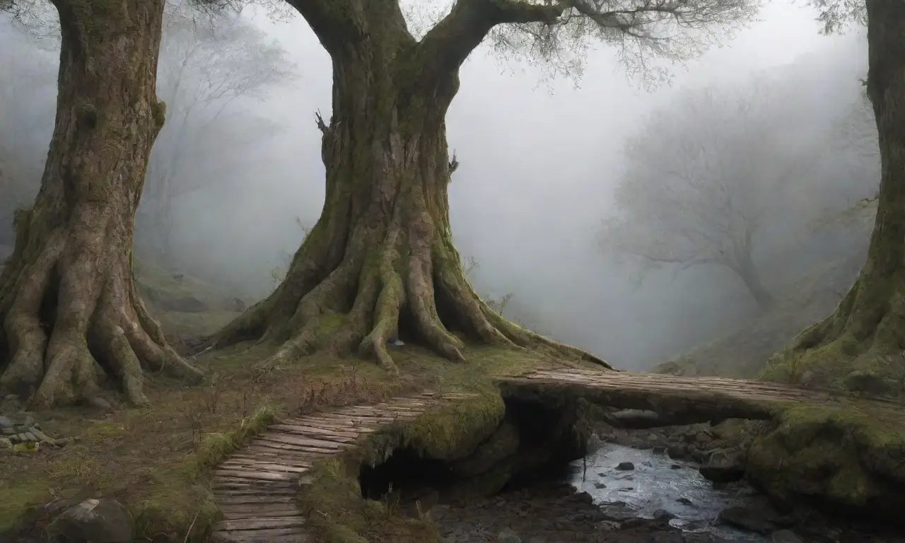 Un bosque brumoso con un troll misterioso y un aire de magia y peligro