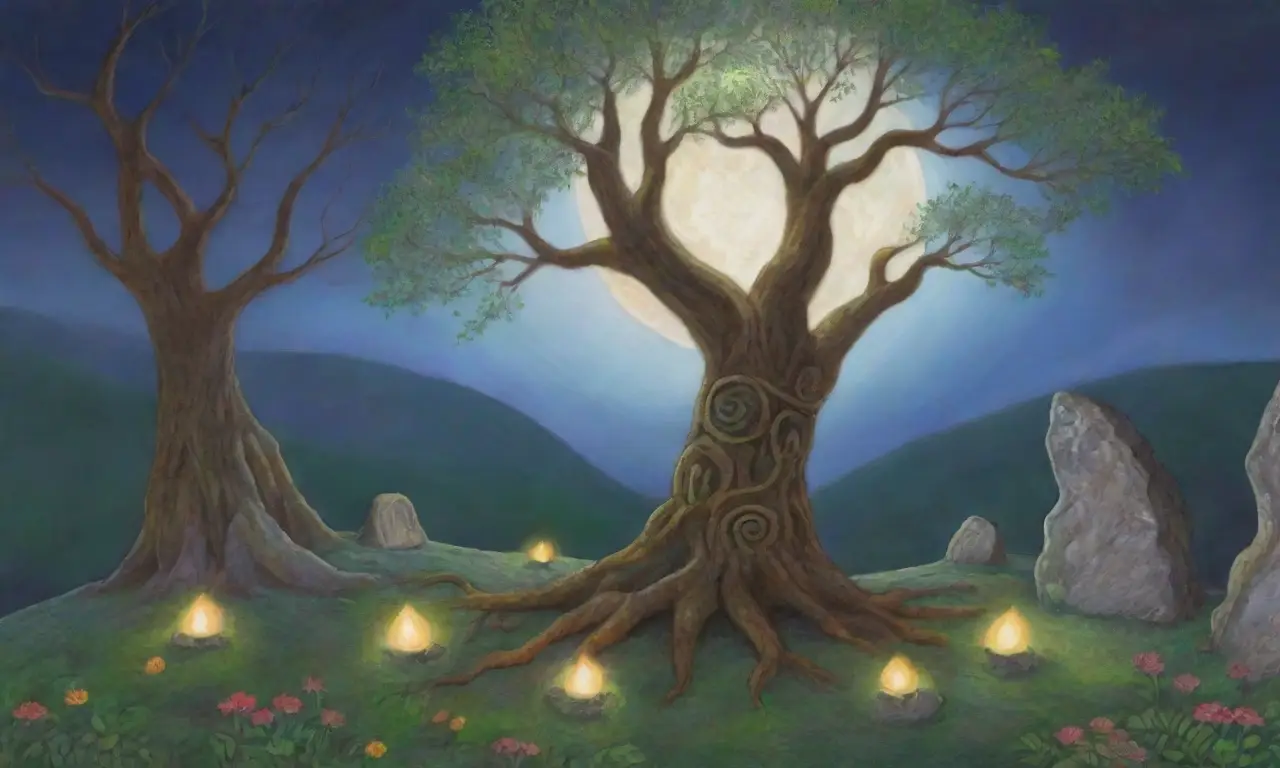 Un bosque antiguo con árboles retorcidos, piedras sagradas y un druida sabio bajo la luz de la luna