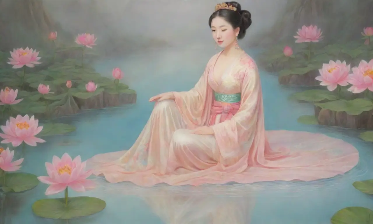 Una figura serena de Guanyin rodeada de naturaleza y luz etérea, simbolizando compasión y paz
