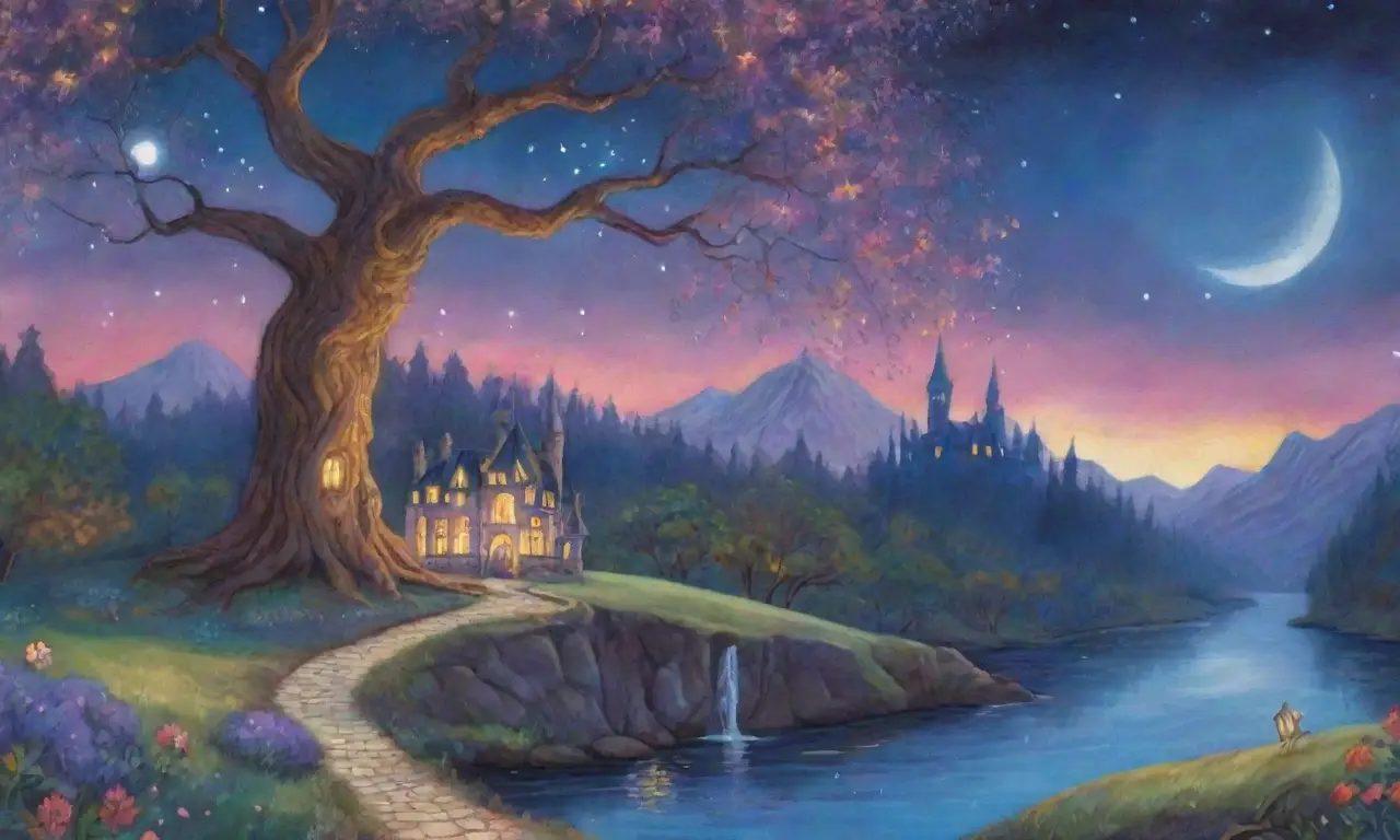 Un paisaje mágico con niebla índigo, estrellas brillantes, árboles antiguos, orbes luminosos, una luna plateada y un castillo distante