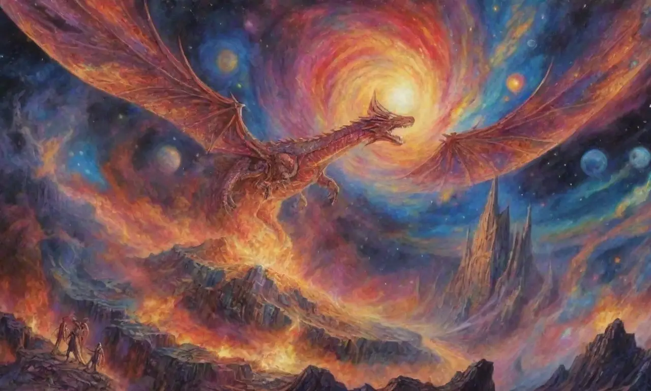 Un paisaje cósmico de batalla entre luz y oscuridad, lleno de galaxias, estrellas y guerreros celestiales