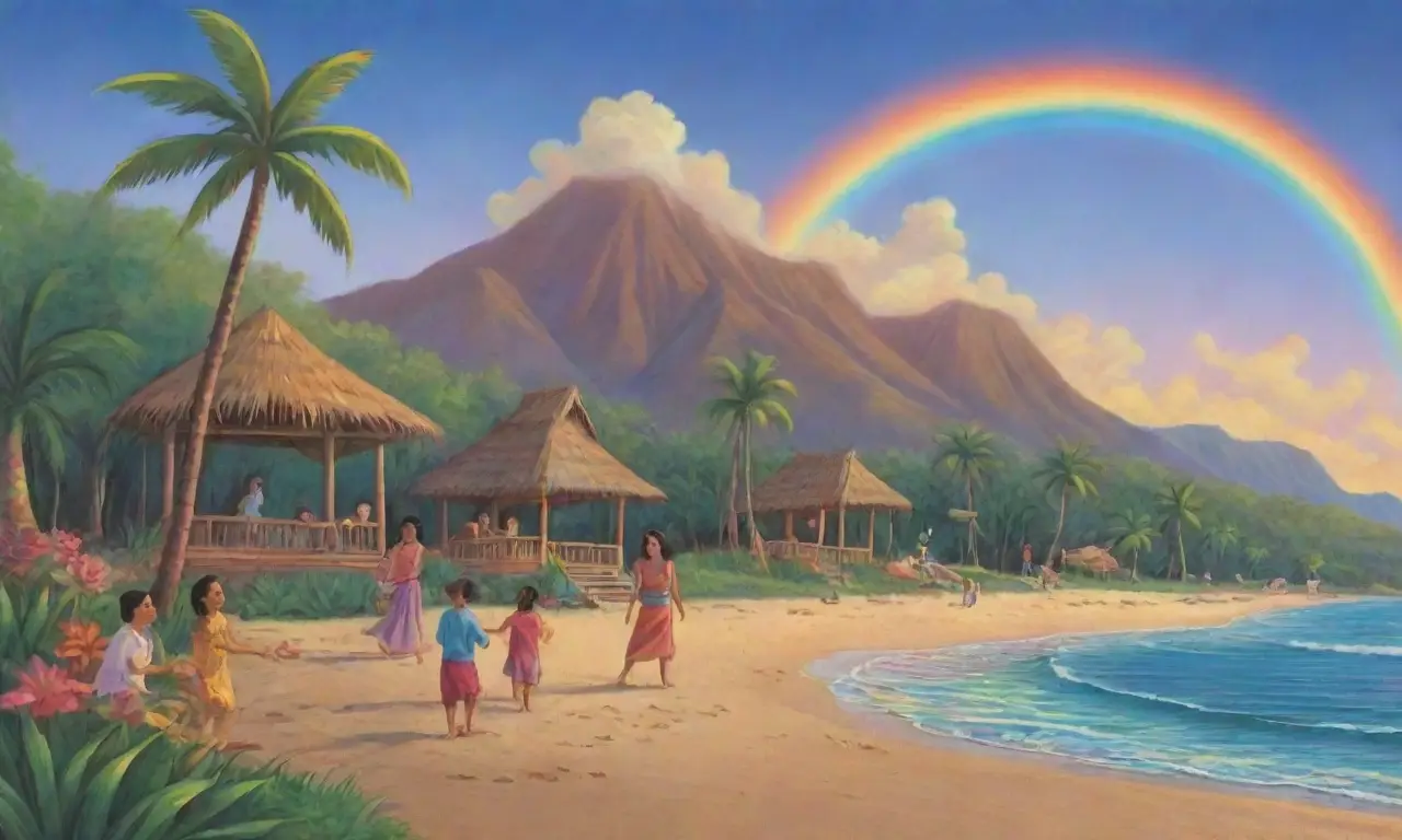 Un paisaje hawaiano vibrante con una familia unida en la playa, risas, amor y conexión ancestral