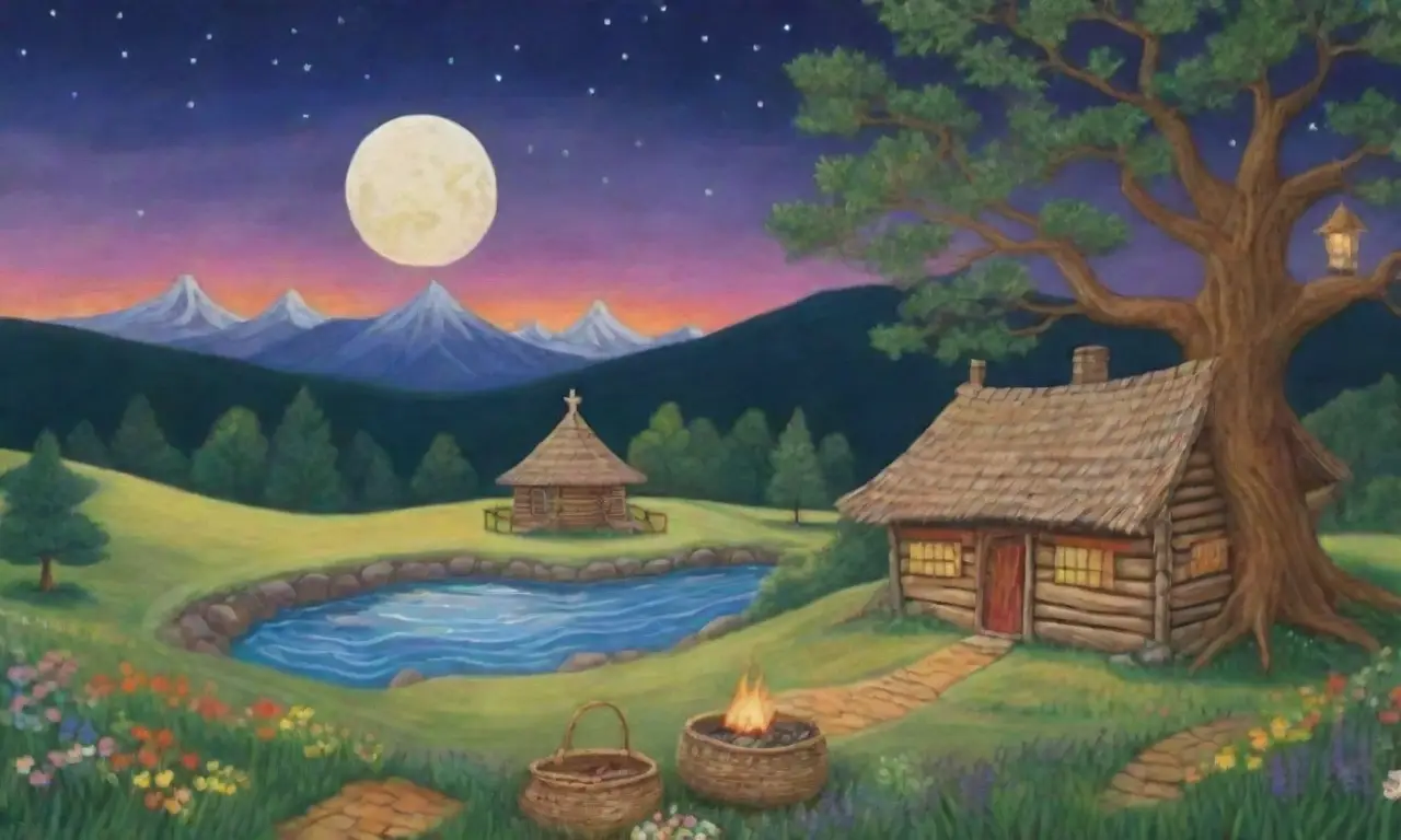 Un tapiz de colores vibrantes y folklore que narra historias de paisajes eslavos y tradiciones bajo un cielo estrellado