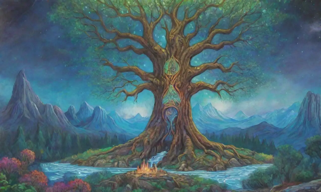 Yggdrasil, un árbol cósmico, conecta nueve reinos vibrantes llenos de luces y sombras