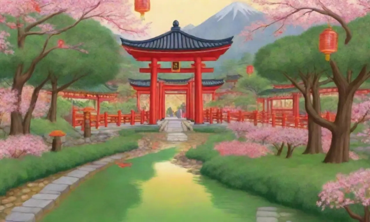 Un paisaje vibrante de tradiciones japonesas con torii rojos, arroz, linternas y festividades