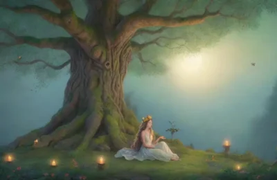 Un bosque brumoso con un altar de piedra