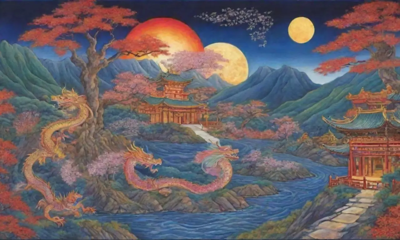 Un tapiz vibrante de dragones, fénixes y paisajes serenos que refleja armonía y sabiduría ancestral