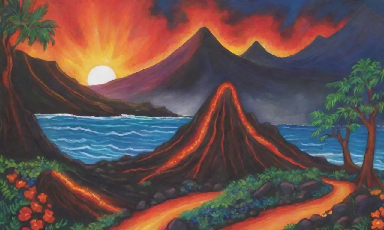 Un paisaje místico de lava, naturaleza y símbolos hawaianos que evoca la dualidad de la vida y la muerte