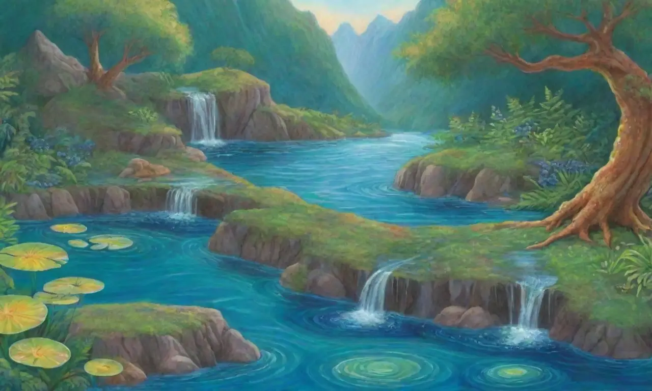 Un paisaje sereno con agua, símbolos antiguos, vegetación vibrante y un toque de misterio