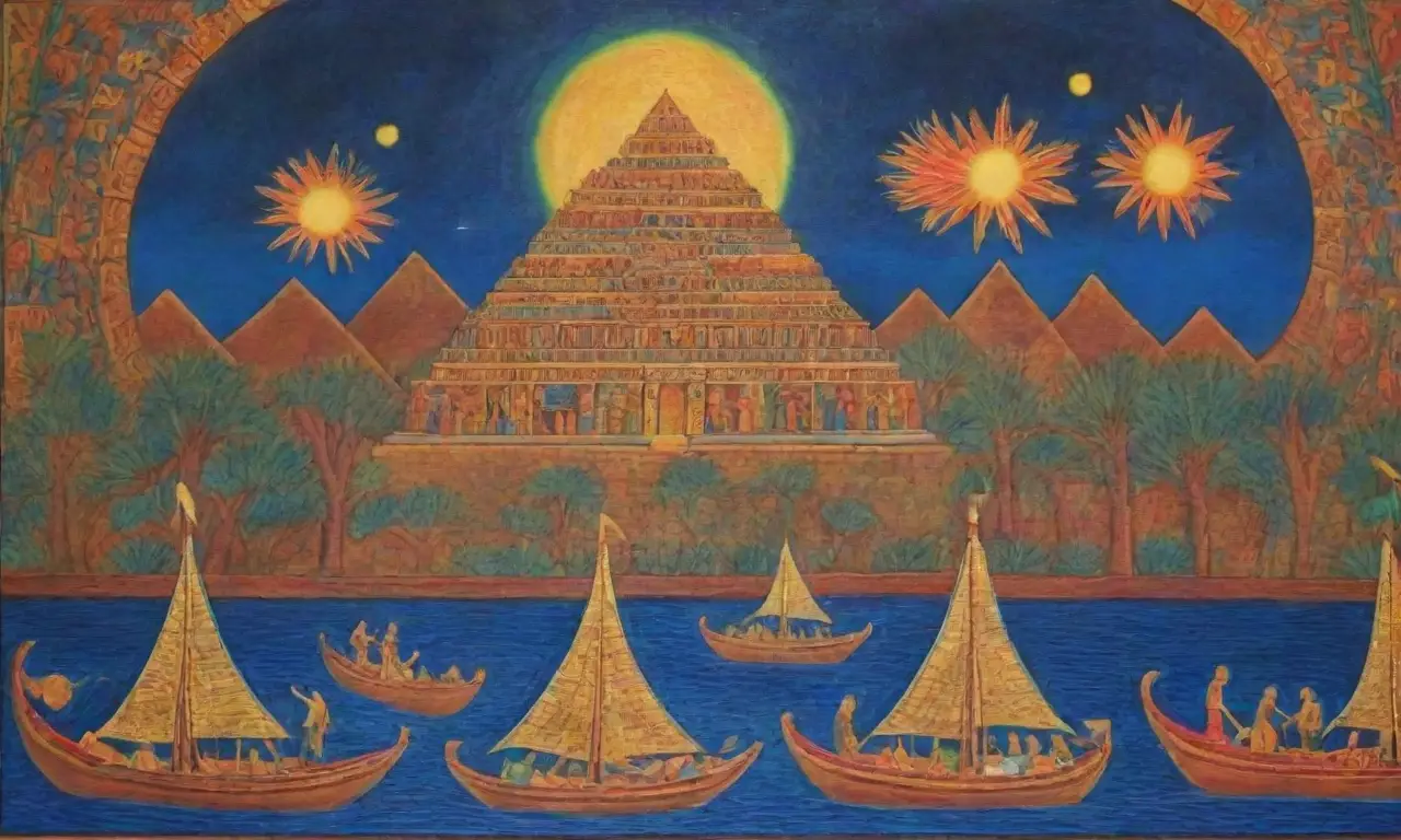 Un paisaje antiguo lleno de símbolos, colores vibrantes y la esencia de la vida