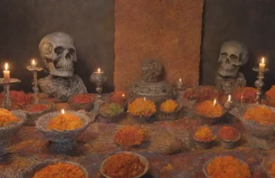 Un ambiente sombrío y reverente lleno de calaveras
